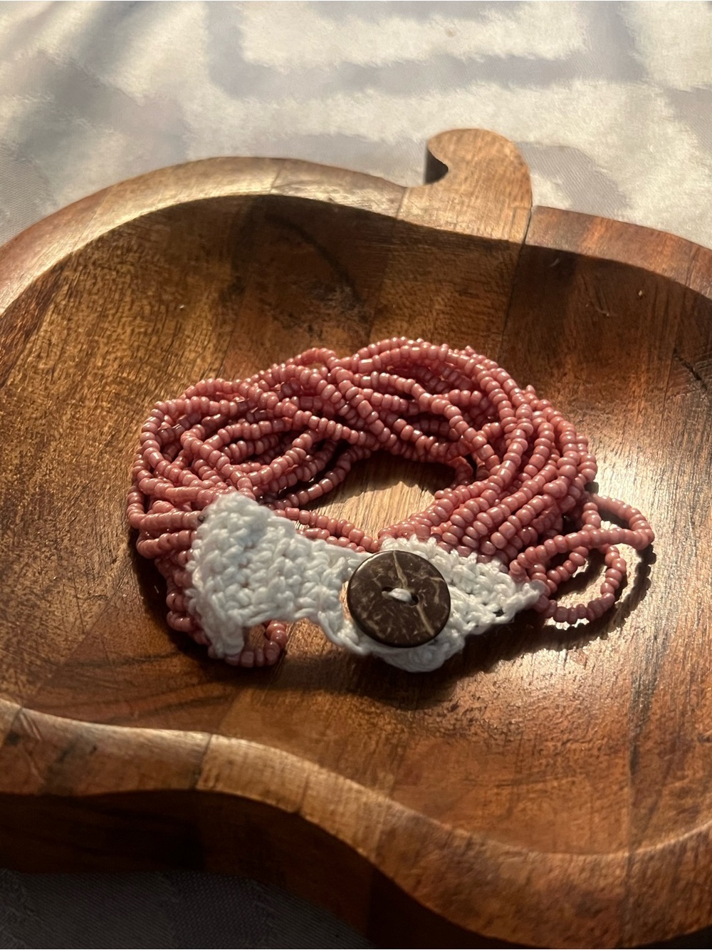 Multi-Strand Pink Seed Bead Bracelet with White Crochet Clasp